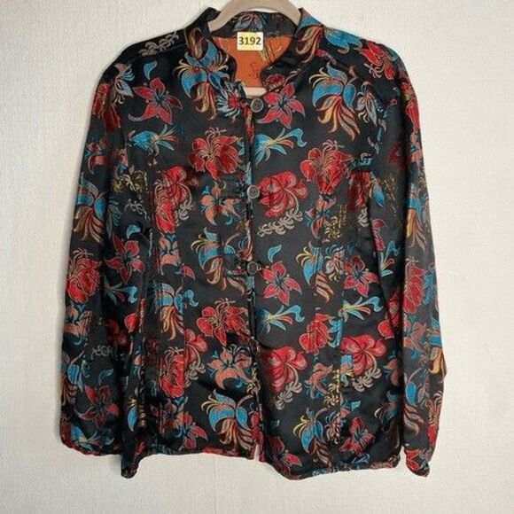 Chico’s Asian Mandarin Collar Silk Blend Brocade Jacket Women Size 12 / (2) Red - Picture 1 of 8